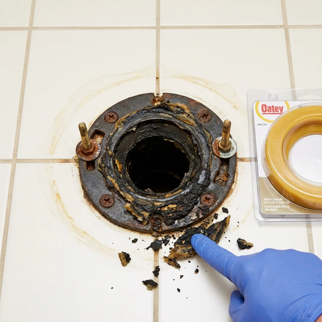 Failed wax ring showing water seepage at the base of a toilet in a Buena Vista, GA home
