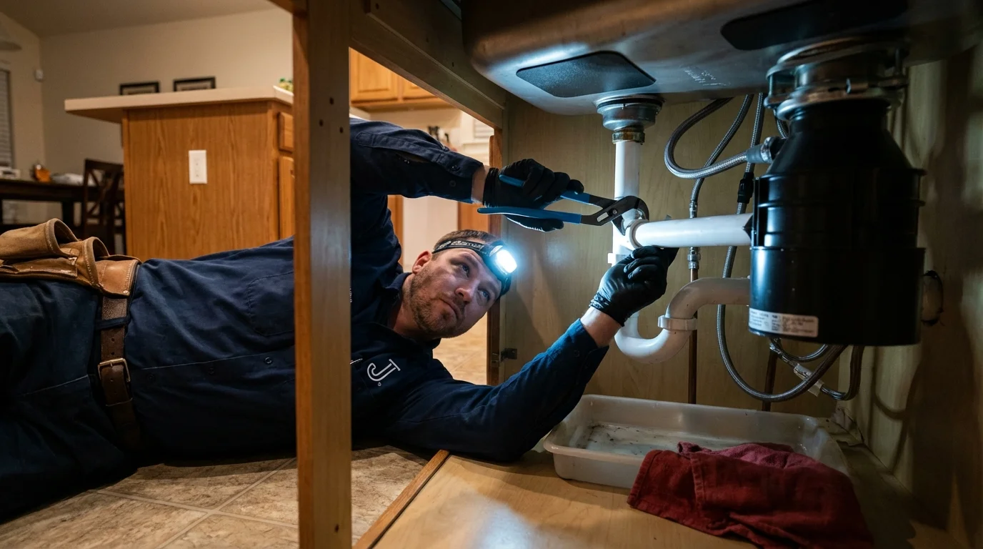 P-trap and supply line connections under a kitchen sink showing a common leak point in Buena Vista, GA